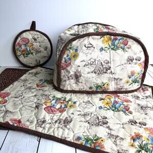 Set of 4 VTG 60s 70s Mushrooms Floral Toile Toaster Cover 2 Placemats 1 Hot Pad